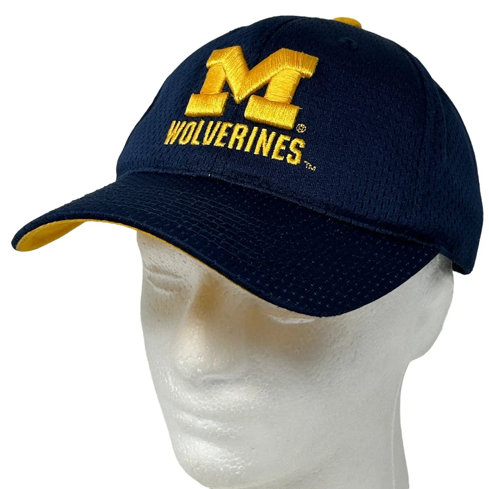 Vintage Michigan Wolverines Hat Baseball Cap Starter Strapback Blue Jersey Mesh